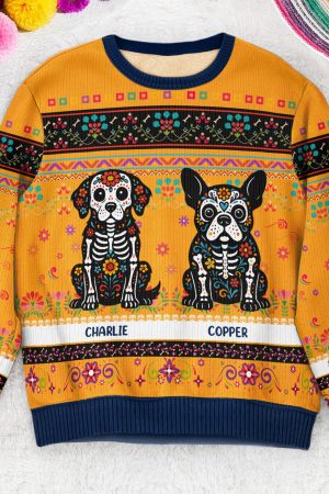 Day Of The Dead Dog Cat Hispanic Mexican Flowers - Personalized Ugly Sweater