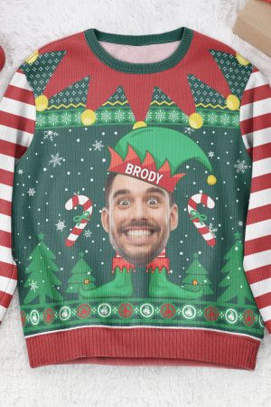 Elf Christmas Funny Face Family Name - Personalized Photo Ugly Sweater