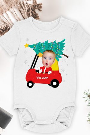 Red Car Christmas Toddler Baby Custom Face - Personalized Photo Baby Onesie